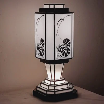 Lampe de table Art Déco en vitrail Tiffany, de forme rectangulaire et colonne, posée sur une base étagée. L'abat-jour principal est composé de panneaux de verre blanc opalescent, ornés d'un motif floral stylisé ou de coquillages en verre noir opaque, avec des lignes courbes délicates. La base et le sommet sont également en vitrail noir et blanc, avec un design géométrique et étagé qui éclaire de l'intérieur. L'ensemble diffuse une lumière douce et d'ambiance, mettant en valeur son design élégant et ses motifs inspirés de l'Art Nouveau et de l'Art Déco.