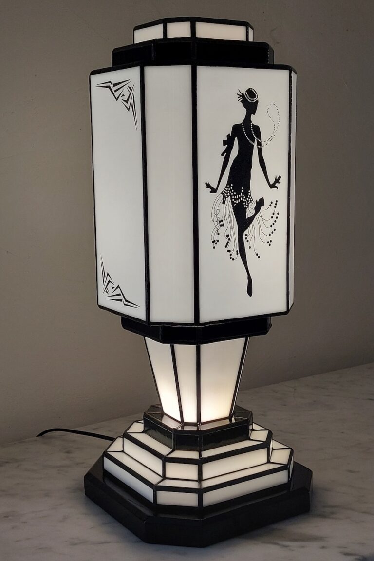 Lampe Art Déco Tiffany Charleston en vitrail blanc et noir